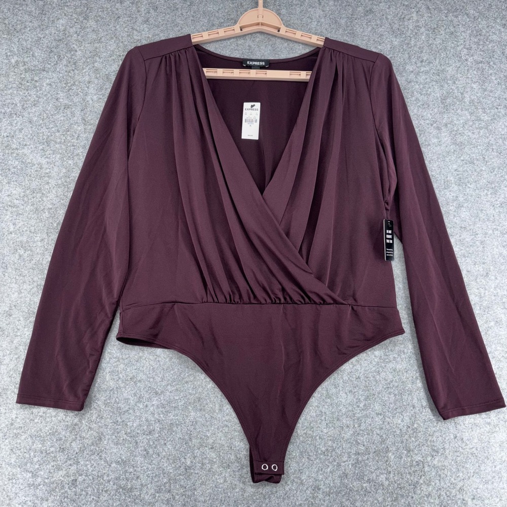Express Womens XL Burgundy Plum Surplice V-Neck Long Sleeve Bodysuit NWT
